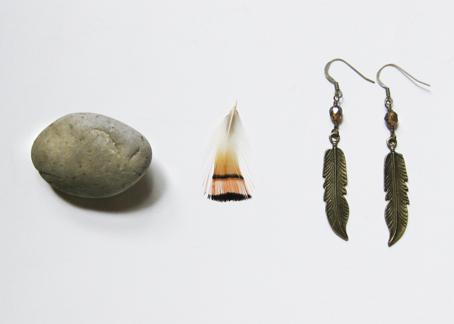 Feather Earrings. Vegan Jewelry. Antiqued Brass Tribal Earrings with Amber Czech Glass detailing.