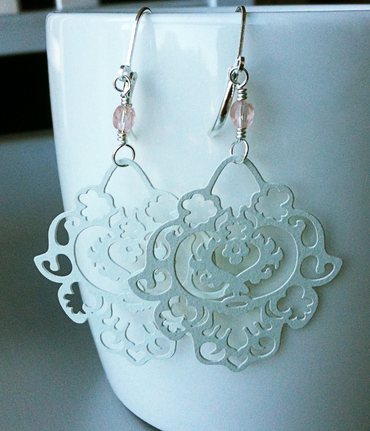 Paisley Chandelier Earrings. The Persian Collection. Rosewater. White Enamelled Filigree Antiqued Brass & Silver