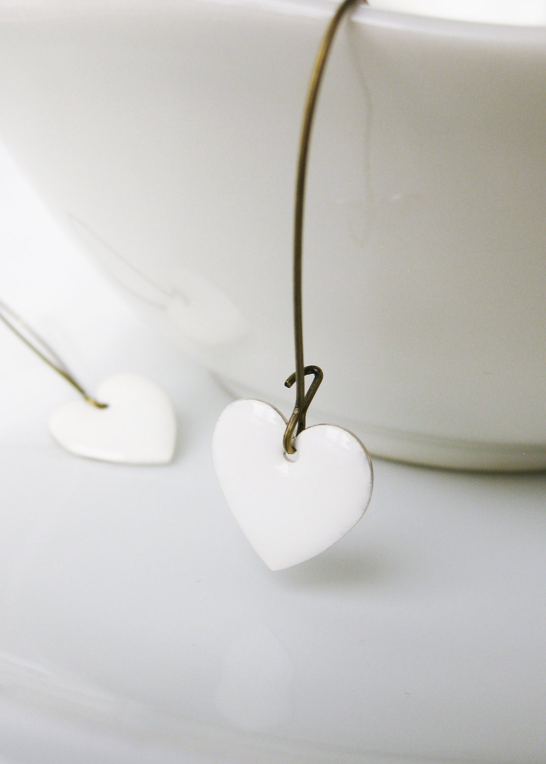 Heart Earrings. Valentine's Day Jewelry. Snow White Enamelled Hearts. Antiqued Brass.  Perfect for Winter Weddings