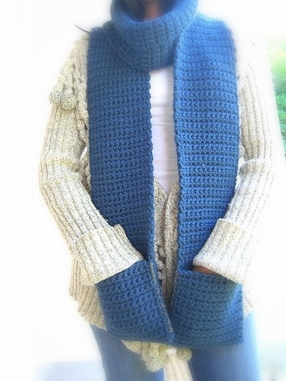 Custom Unisex Scarf,  Chunky Crochet with pocket, Long Teal Blue, Suede Cord Accent