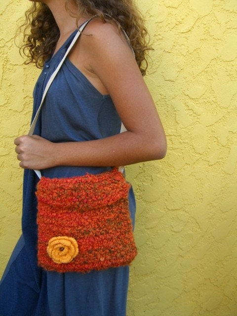 Childrens' Shoulder Bag, Handknit, Orange multicolor, Yellow Crochet Rosette Flowe, Muslin Lining