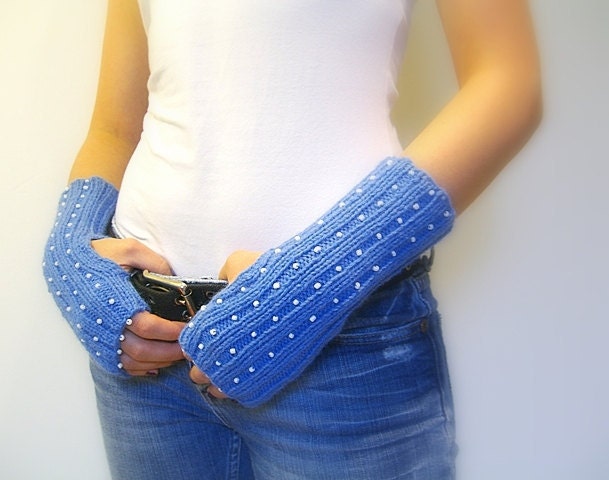 Fingerless Gloves, Blue, Hand Warmers, Wrist Warmers, Mittens. Handmade, White Glass Beads