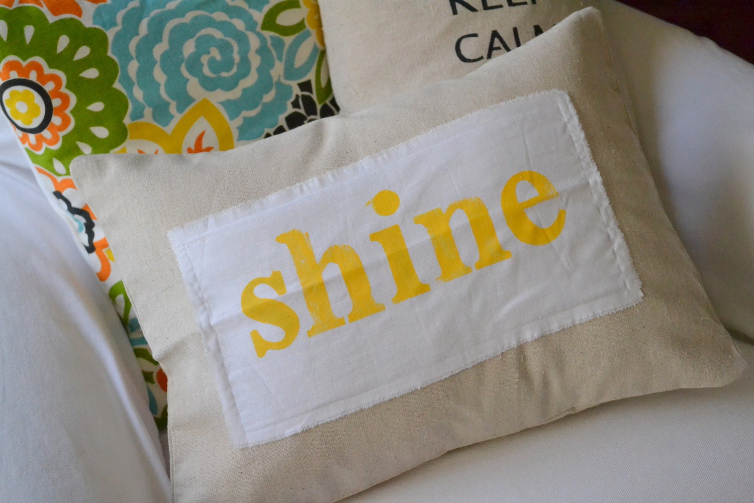 The SHINE Project-- pillow cover with hand stamped shine banner in yellow or turquoise 12 x 16