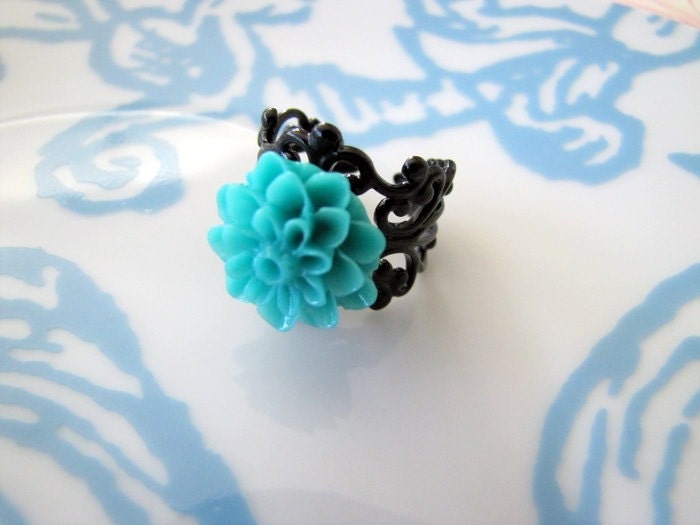 Petite Teal flower and black filigree ring