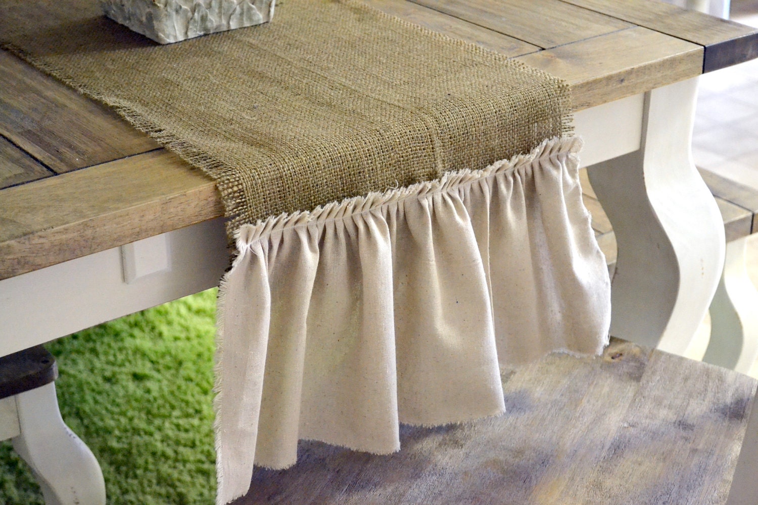 FARMHOUSE CHIC (LARGE) -- burlap table runner with cream muslin ruffle--extra long