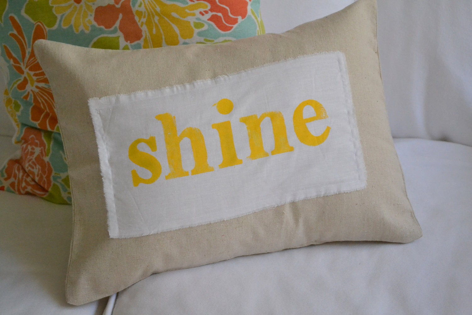 The SHINE Project-- pillow cover with hand stamped shine banner in yellow or turquoise 12 x 16