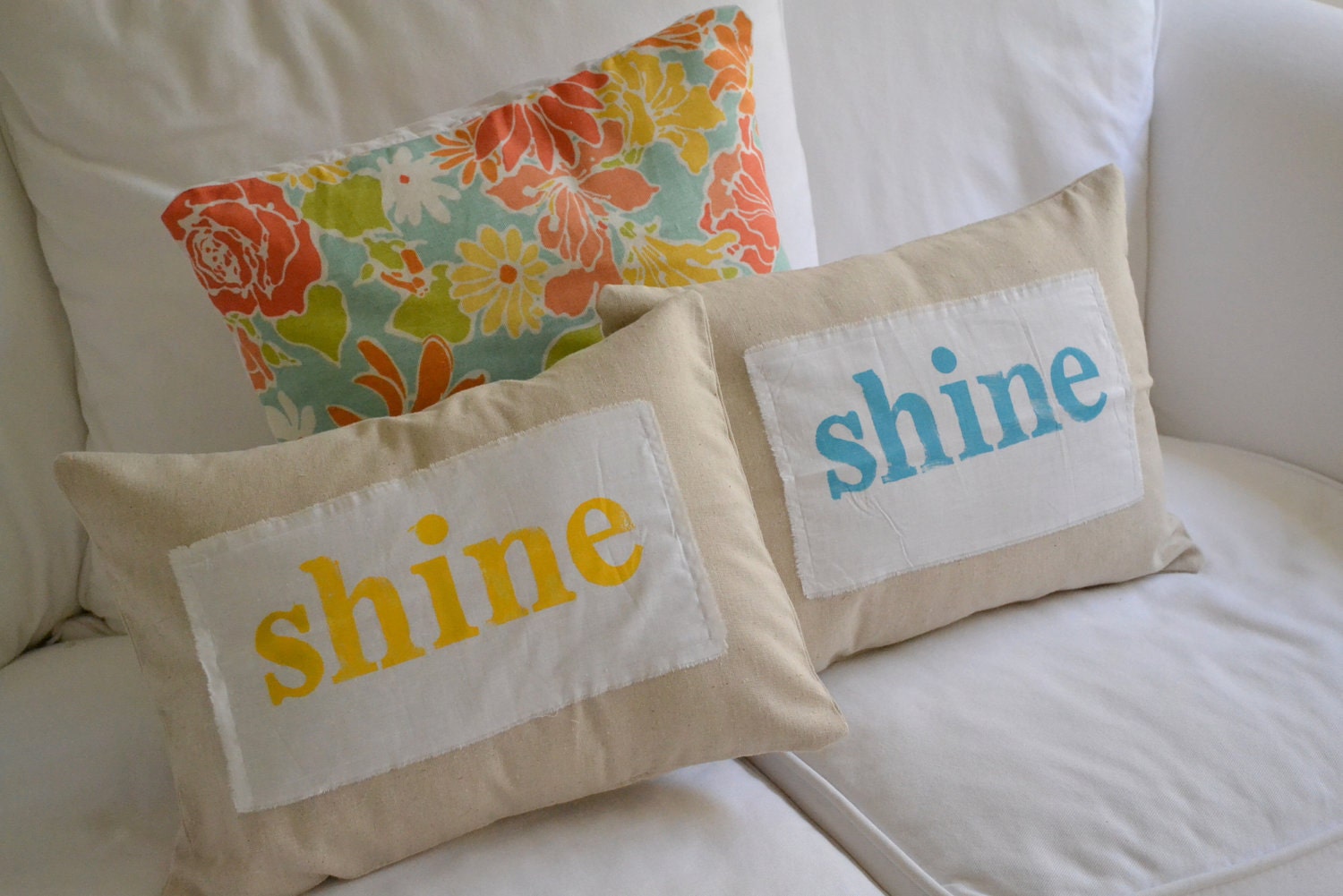 The SHINE Project-- pillow cover with hand stamped shine banner in yellow or turquoise 12 x 16