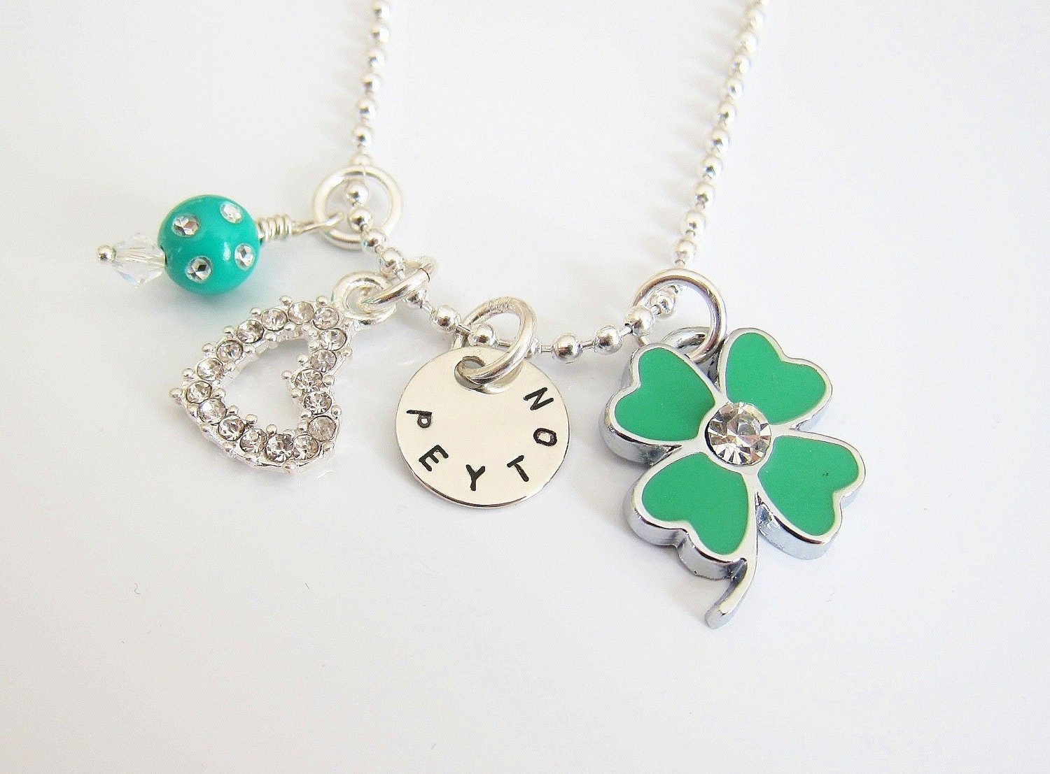 St Patricks Day - Shamrock Jewelry - Shamrock Necklaces - Girls Name Necklace - Girls Personalized Necklaces - Handstamped