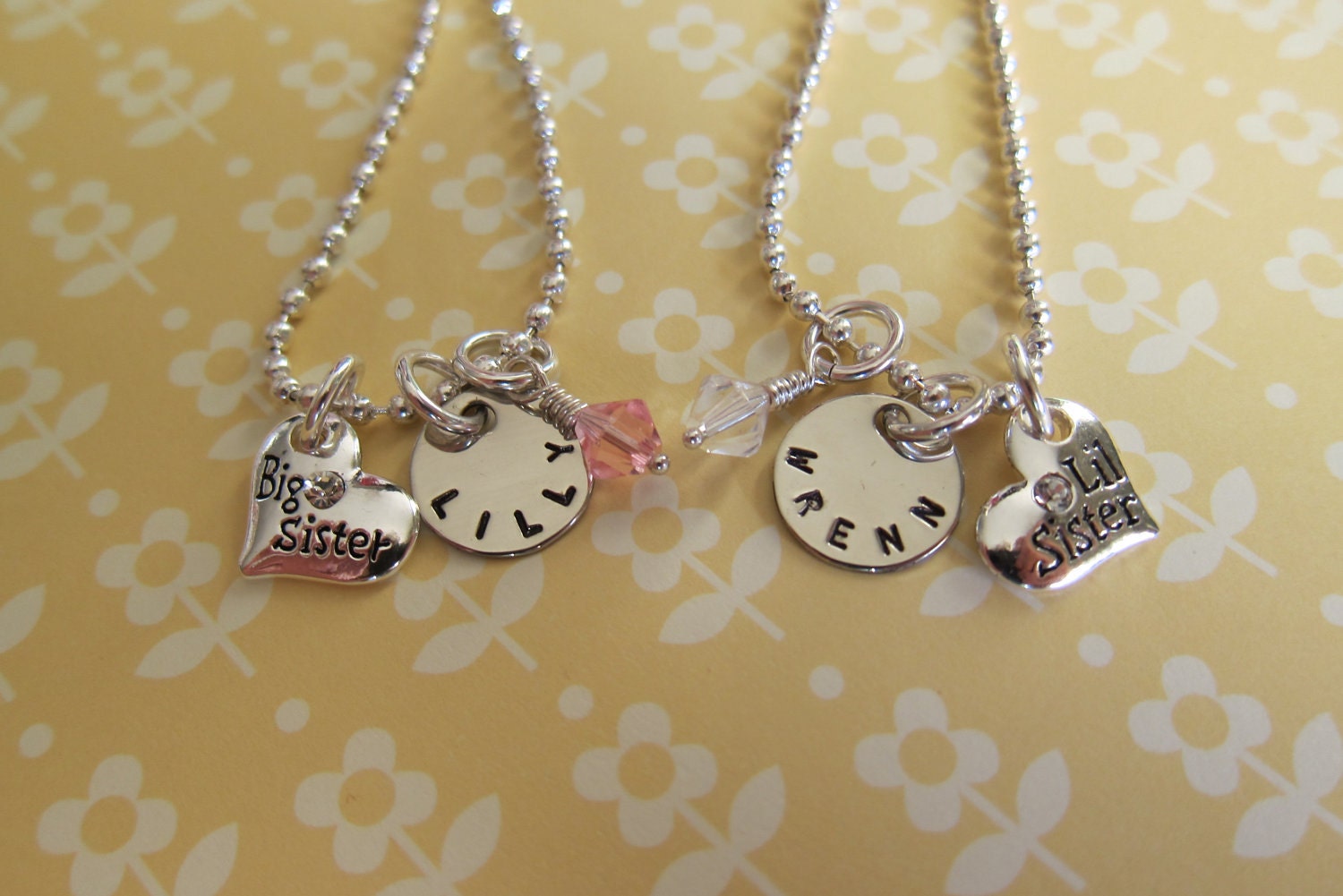 Hand Stamped Personalized Big Sister and Little Sister Girls charm necklaces with full names and birthstones (You Get 2 NECKLACES)