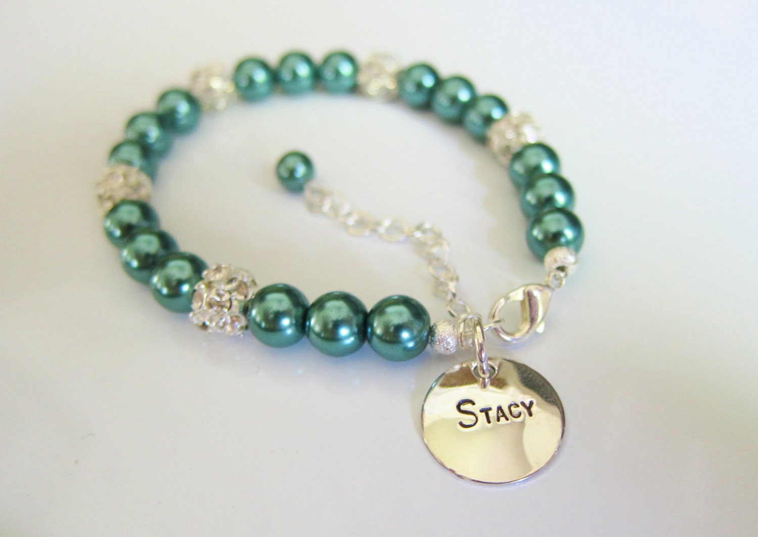 Personalized Sterling Silver - Teal Glass Pearl - Rhinestone - Ovarian Cancer Awareness - Cervical Cancer Awareness - Bracelet