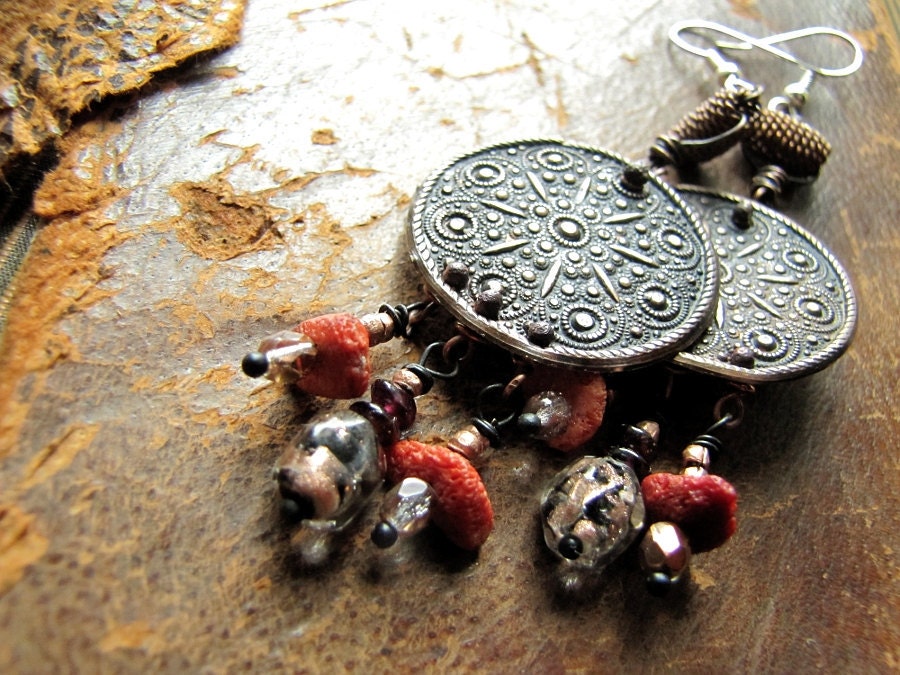 la gitana - nomadic embossed copper, murano glass, and coral chip earrings