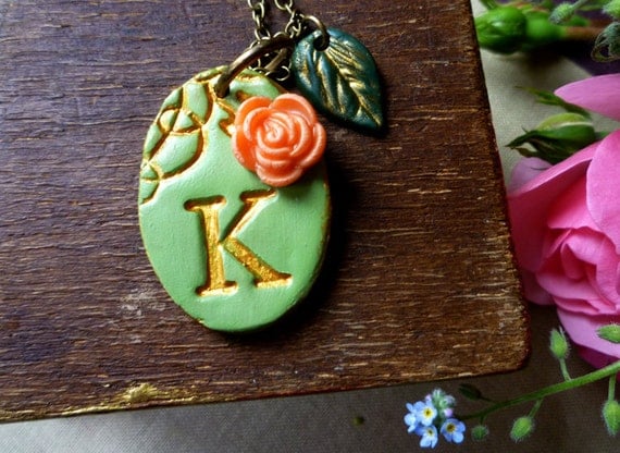 Initial Necklace - Victorian Garden - Fern green and Gold with Coral Rose Oval