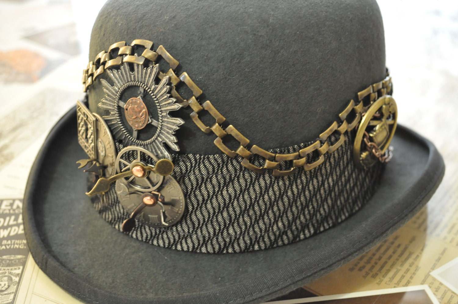 Men's Steampunk Hat-----One Of A Kind---READY TO SHIP--Upcycled--Gray Derby (Bowler) Style--Clockworks---Brass--Medium size 22"