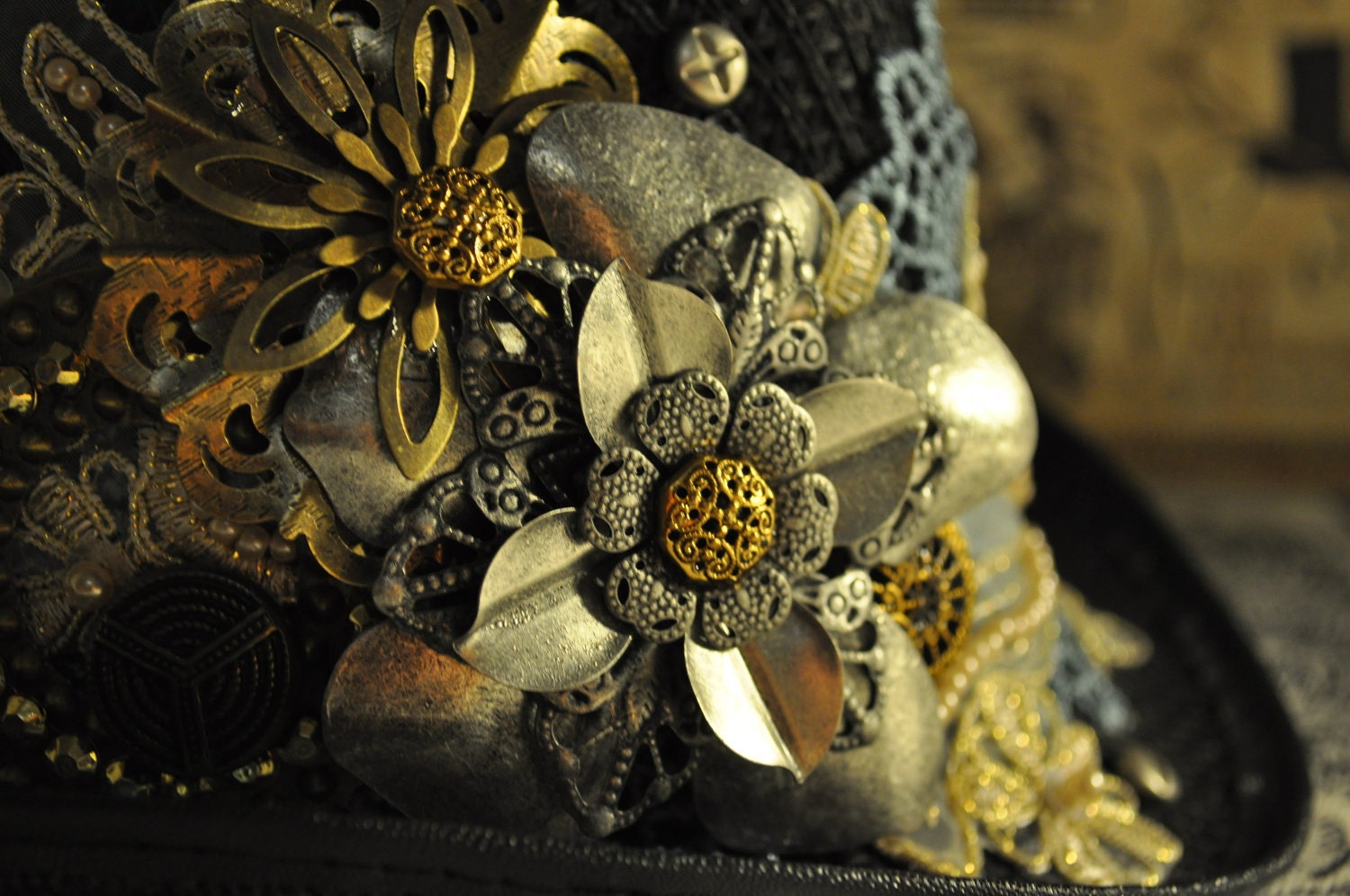Steampunk Hat--Victorian--Ready To Ship--- One Of A Kind--Small Black Hat--Blue and Ivory Lace--Bronze--Silver--Metal Decor
