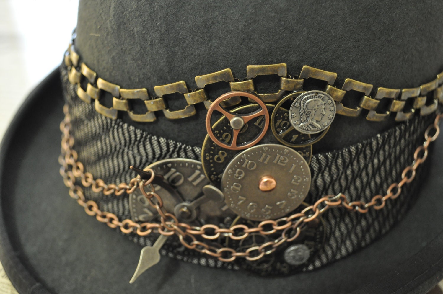 Men's Steampunk Hat-----One Of A Kind---READY TO SHIP--Upcycled--Gray Derby (Bowler) Style--Clockworks---Brass--Medium size 22"