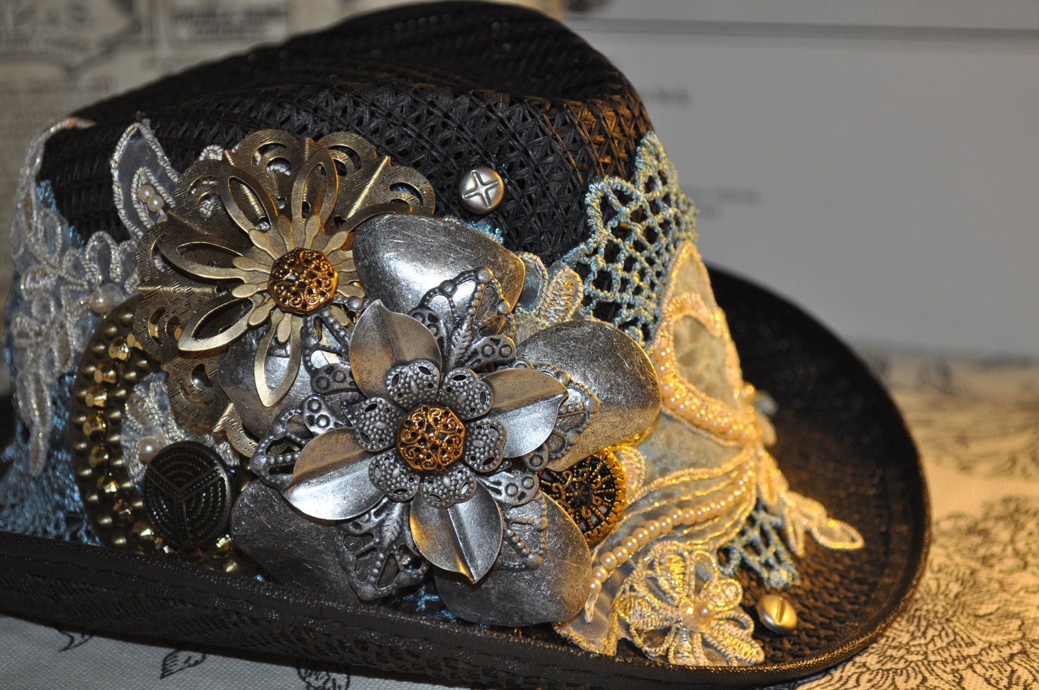 Steampunk Hat--Victorian--Ready To Ship--- One Of A Kind--Small Black Hat--Blue and Ivory Lace--Bronze--Silver--Metal Decor
