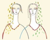 Personalized print family portrait Sisters mother daughter family wall decor original drawing