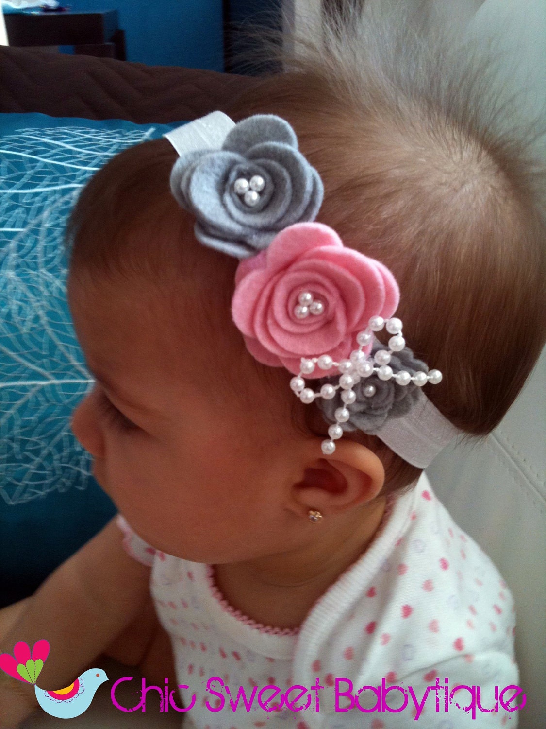 Gray and pink felt flower with pearls bow headband - baby headband