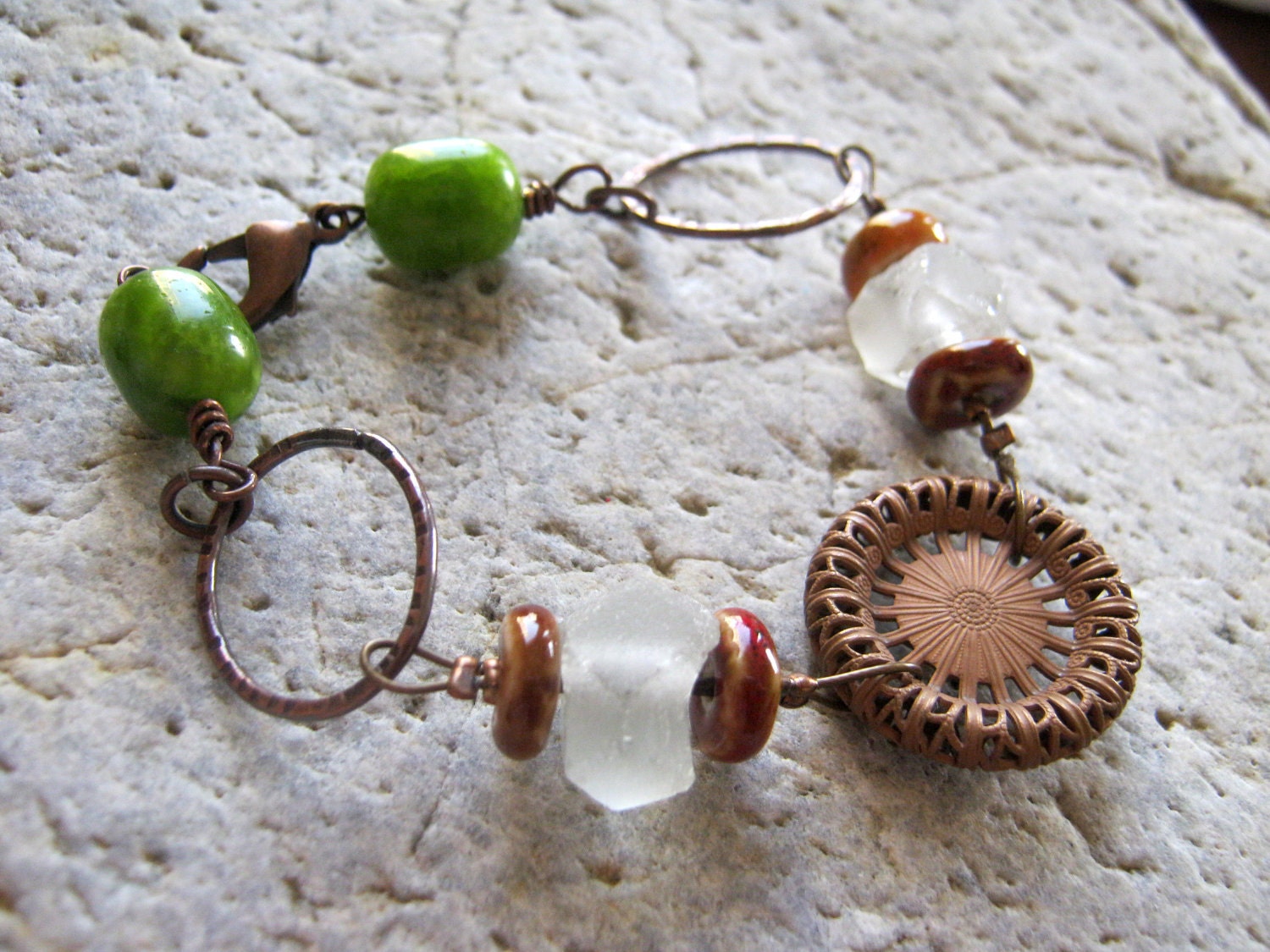 Earthy Rustic Bracelet, Nature Inspired Bracelet, Oxidized Copper, Raku, Jade, and Recycled Glass Bracelet - Harvest