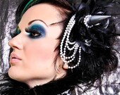 Spiked Leather Flower Hair Piece with Feathers and Strands of Pearly Beads