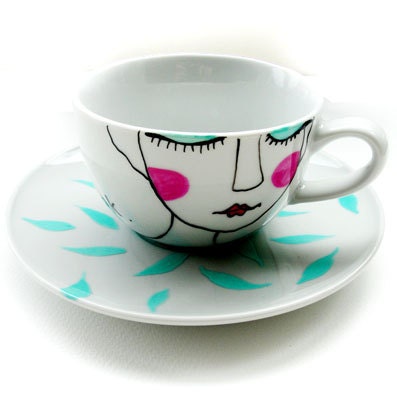 GREEN TEA - handpainted illustrated tea-cup and saucer