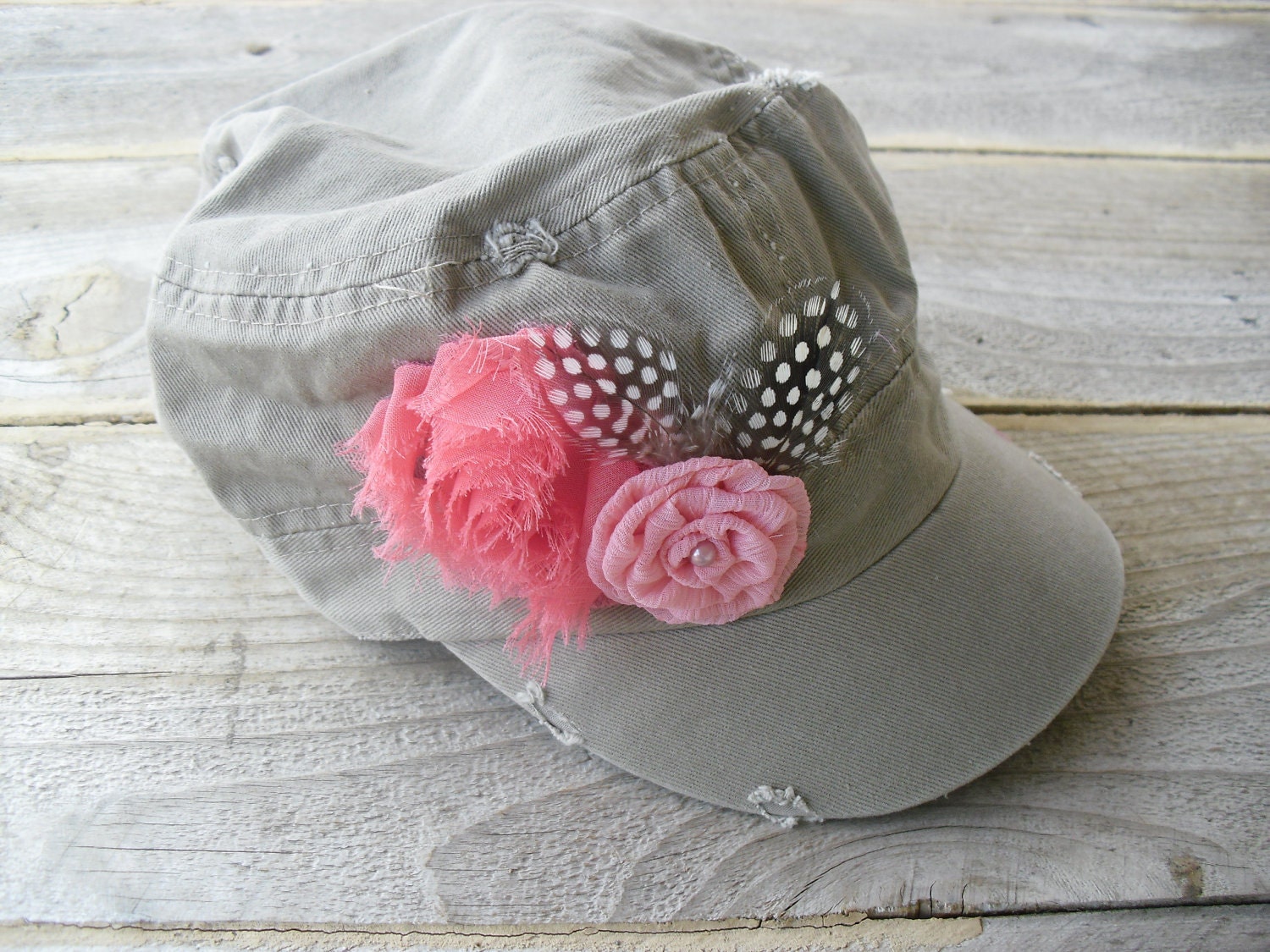 Toddler Military Style hat Chic Khaki with shabby chic frayed chiffon flower and polka dot guinea feathers