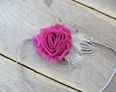 Dainty Fuschia Shabby Chiffon Rosette with Guinea Feathers Headband/Clip