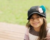 Toddler Military Style hat Chic Black with Peacock shabby chic frayed chiffon flower and polka dot guinea feathers