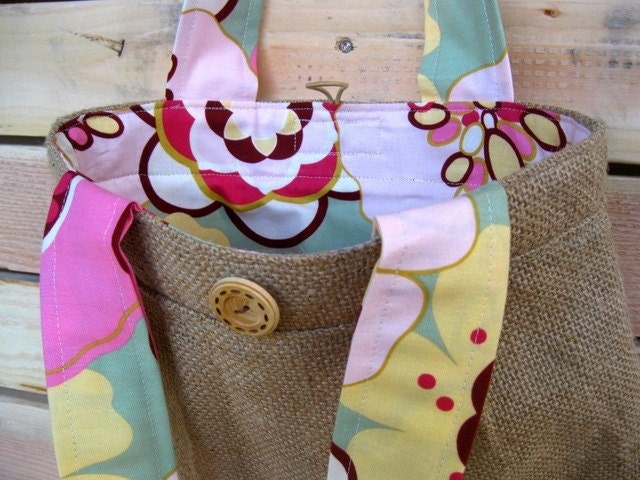 Upcycled Burlap Pleated Purse. Earth Day. Spring. Fashion. Pink. Bold. Floral. Patches. Alexander Henry. Kleo. Mothers Day. Gift Idea.