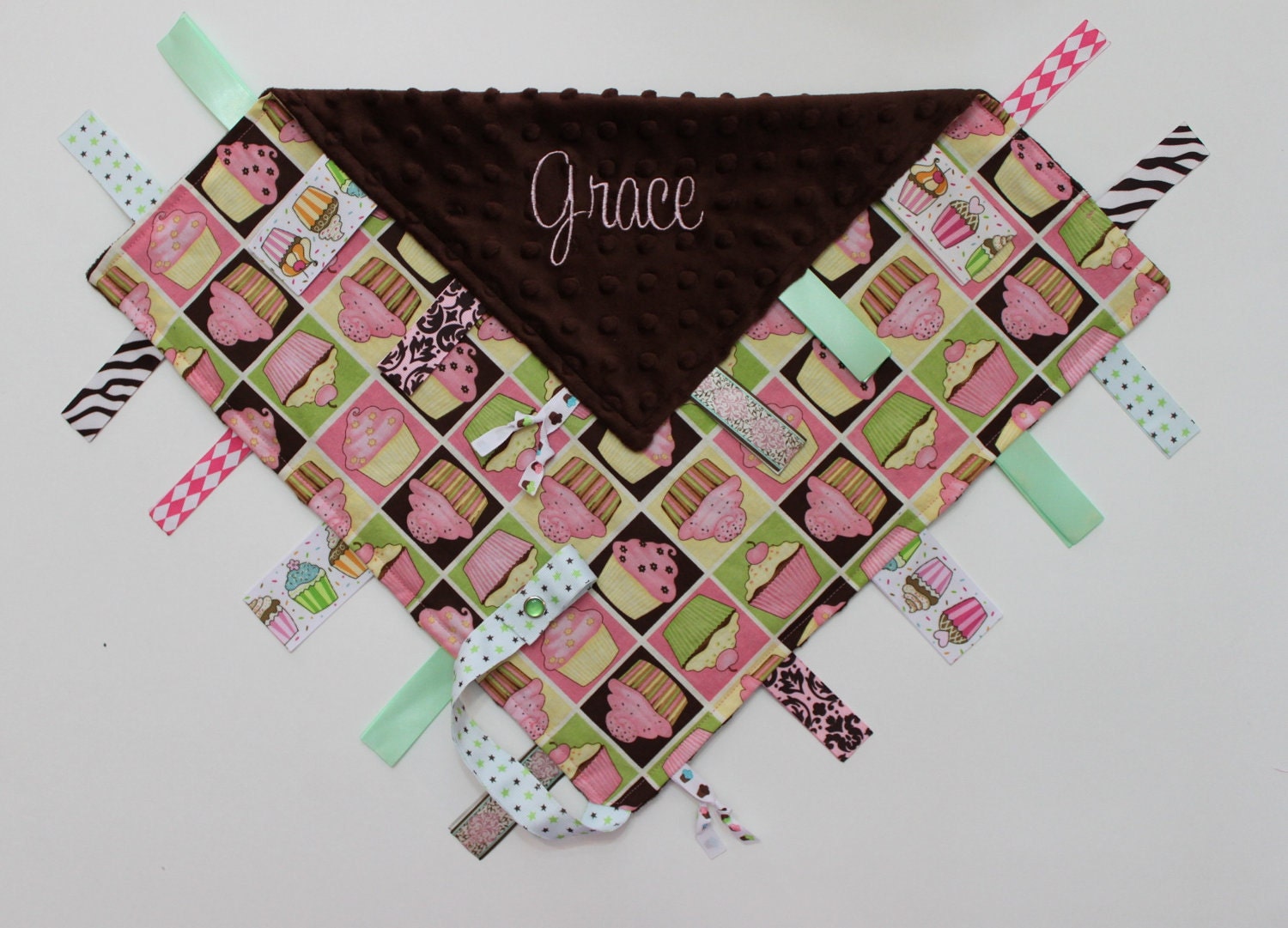 Personalized Cupcake Ribbon Tag Sensory Blankie Pink with Pacifier Clip