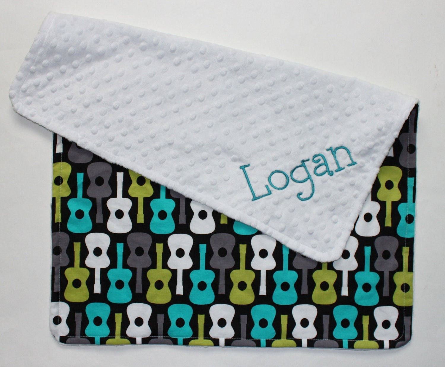 PERSONALIZED Guitar and White Minky Stroller Blanket
