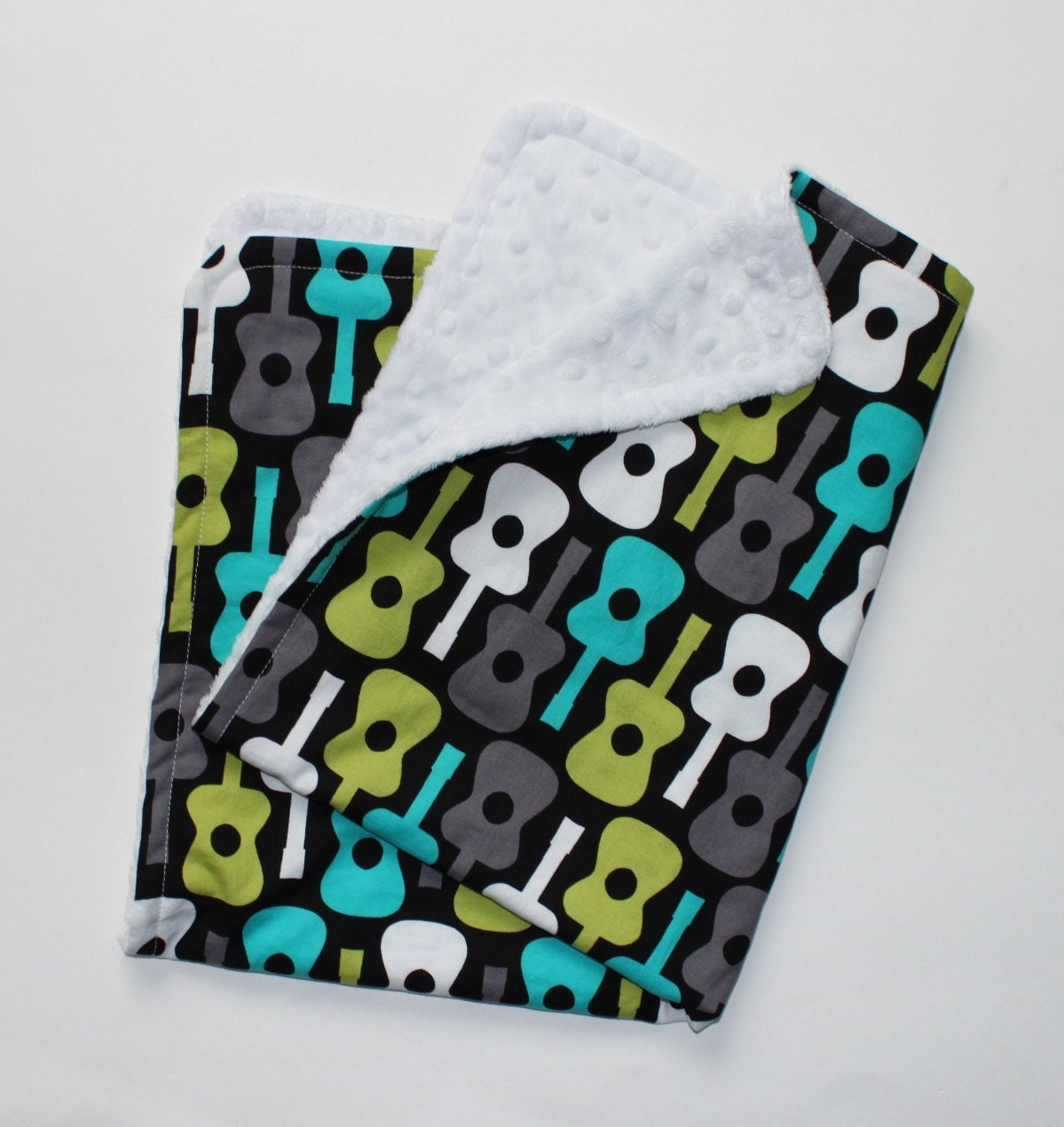 Baby Boy Blanket in Guitars and White Minky Stroller Blanket