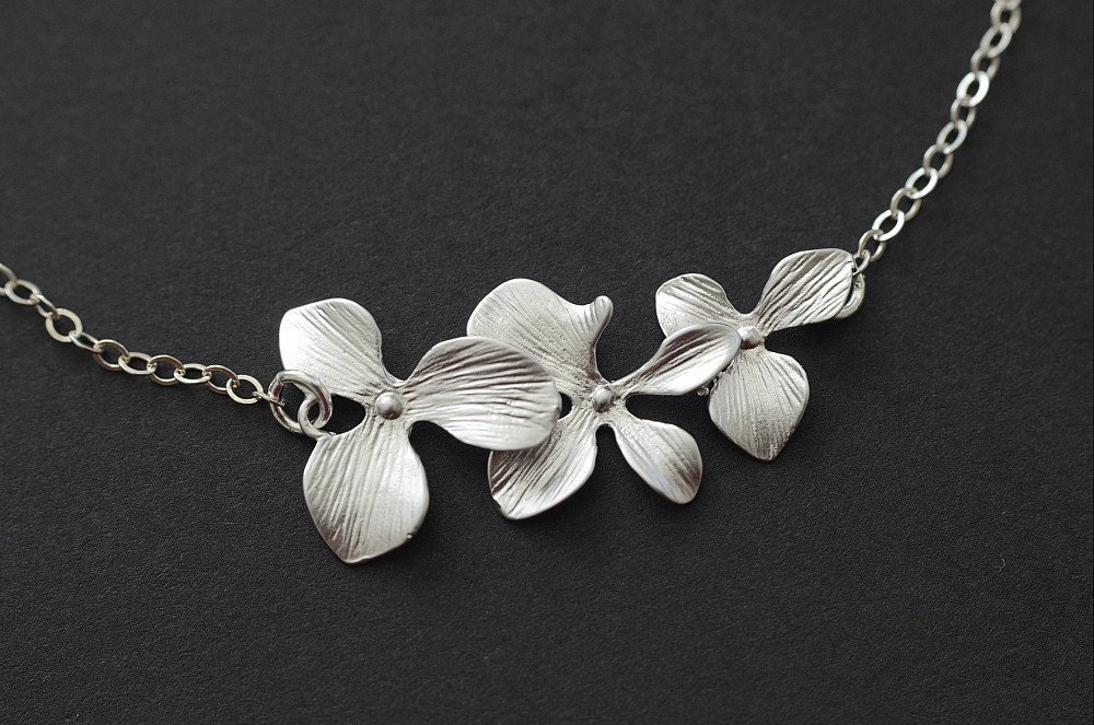 Trio Orchid Flower Necklace, Bridal Wedding Jewelry, Birthday, Bridesmaid Gift - CrinaDesign73