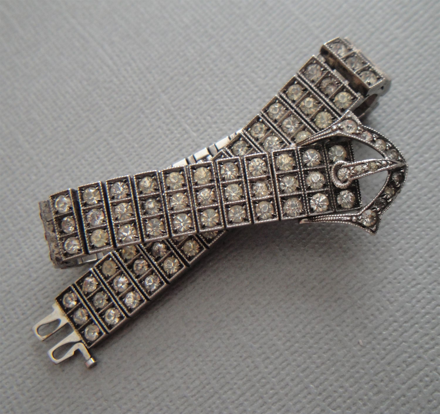 RESERVED for Paula-Vintage Sterling Bracelet Art Deco Diamondbar 1920 paste rhinestones sterling silver buckle design signed Patent number