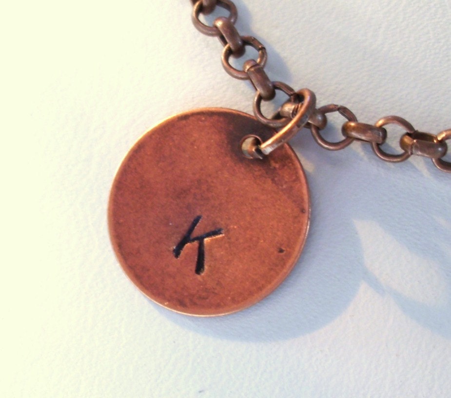 Personalized Copper Charm Necklace, Initial Necklace, Hand Stamped Necklace, Copper Sunburst, Rustic Jewelry