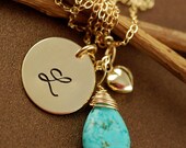 Personalized Jewelry, Gold Initial Jewelry, Initial Script Font, Gold Initial Monogram, Turquoise Pendant, Bridal Jewelry