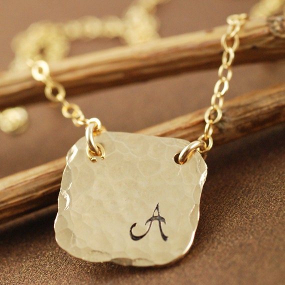 Items similar to Gold Square Pendant, Initial Pendant, Hand Stamped