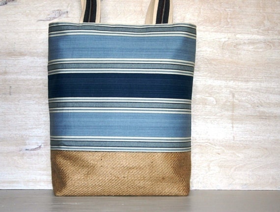 Navy Blue Stripe Nautical Totebag Burlap Large Beach Bag
