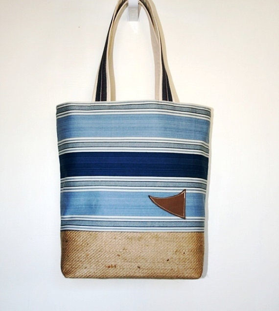Navy Blue Stripe Nautical Totebag Burlap Large Beach Bag