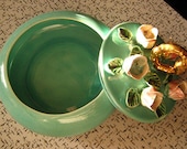 Vintage Candy Dish/ Fleurette Ceramics of Hollywood/ Aqua/ 1950s/ Rosebuds