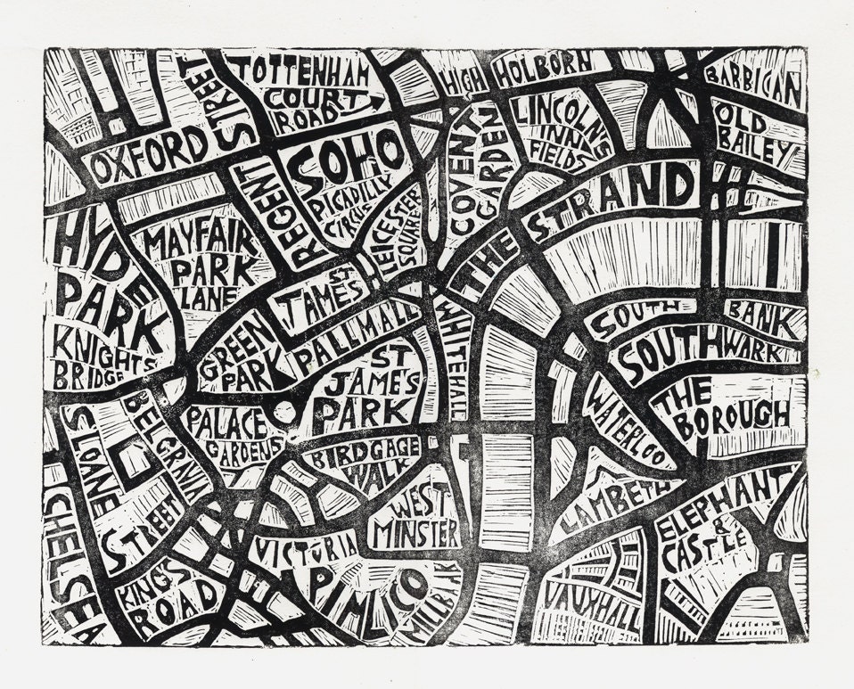 Typographic Linocut Map of Central London by Abigail Daker