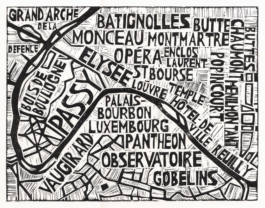 Typographic Linocut Map of Paris Arrondissements by Abigail Daker