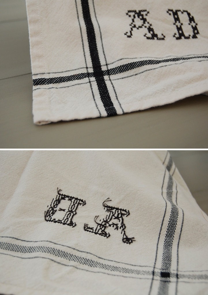 Set of 2 - BLACK - Personalized French Stripe Towels with hand-stitched initials