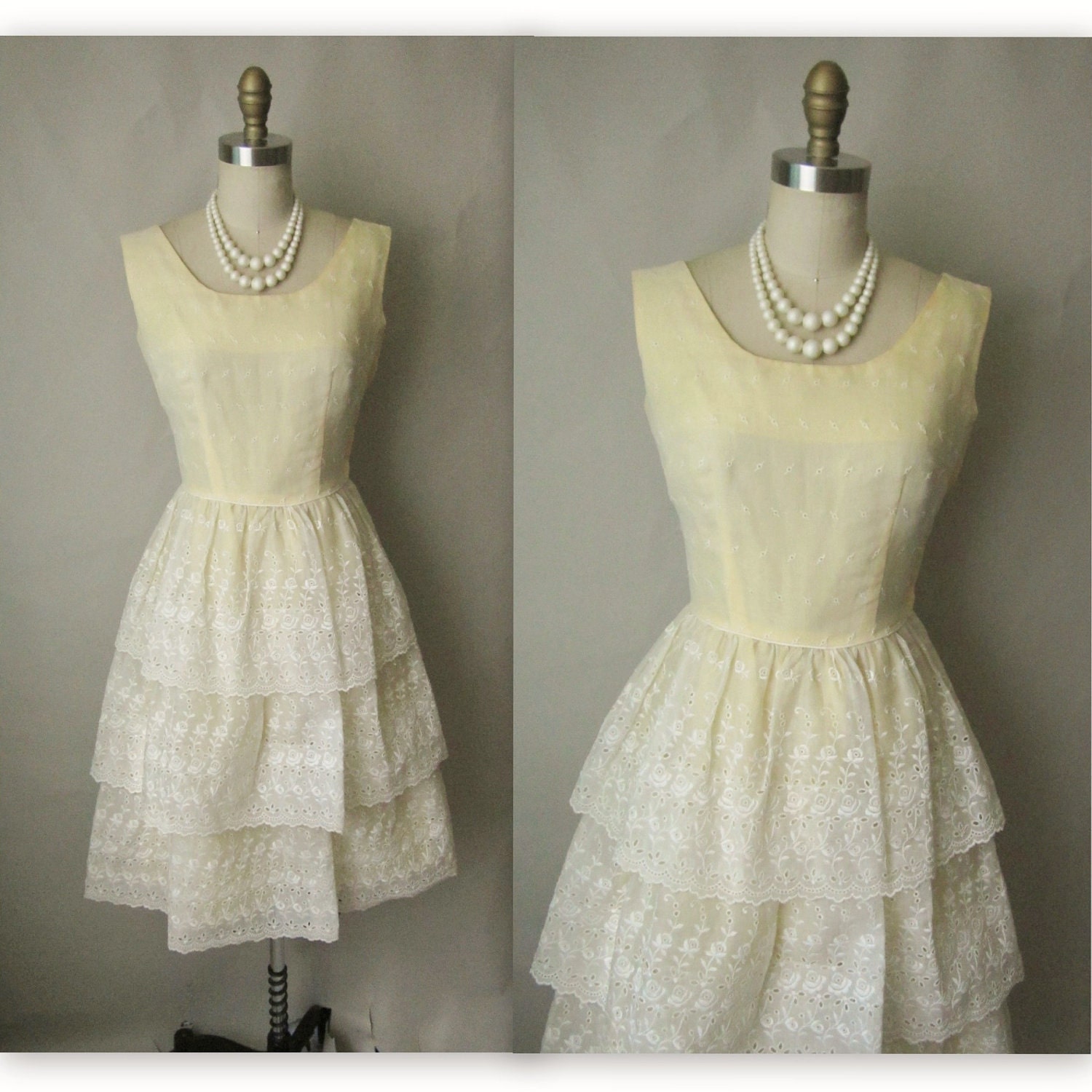 50's Eyelet Dress // Vintage 1950's Eyelet Organdy Tiered White Wedding Dress XS