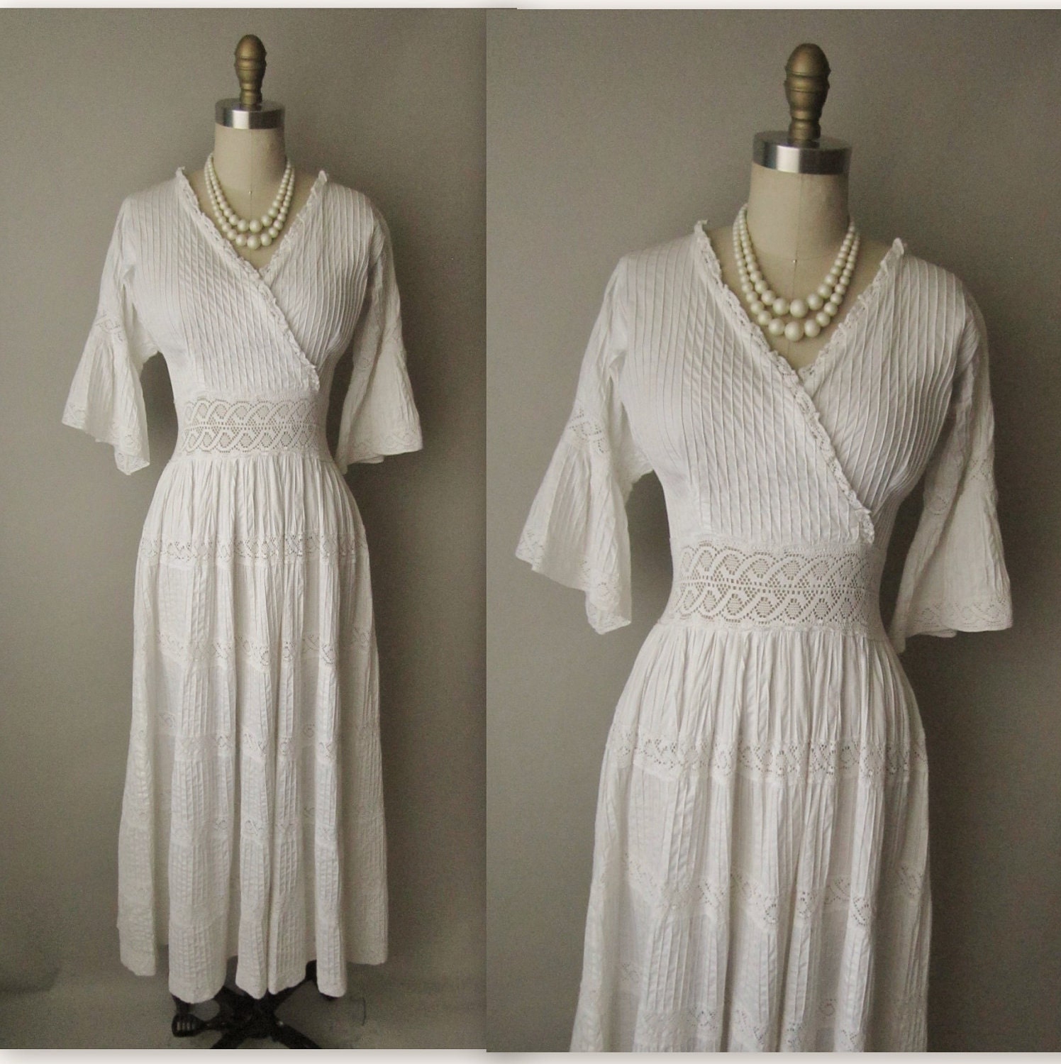 60's Wedding Dress // Vintage 1960's 70's Mexican Pintucked Cotton White Maxi Wedding Dress XS