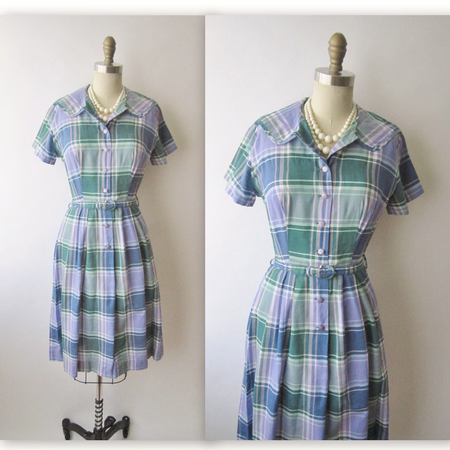 50's Plaid Dress // 1950's Vintage Plaid Cotton Mad Men Casual Day Dress M