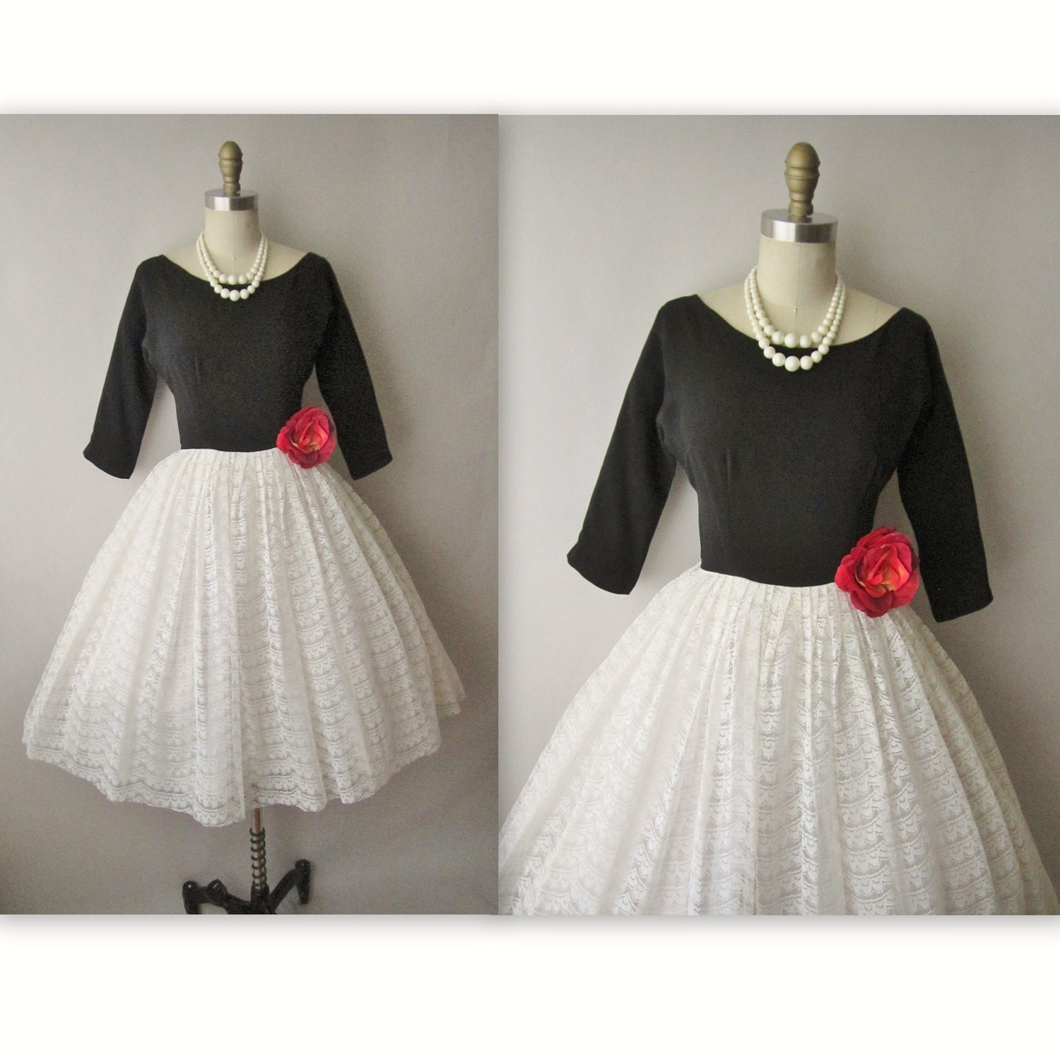 50's Cocktail Dress // Vintage 1950's Black & White Lace Cocktail Party Full Dress XS