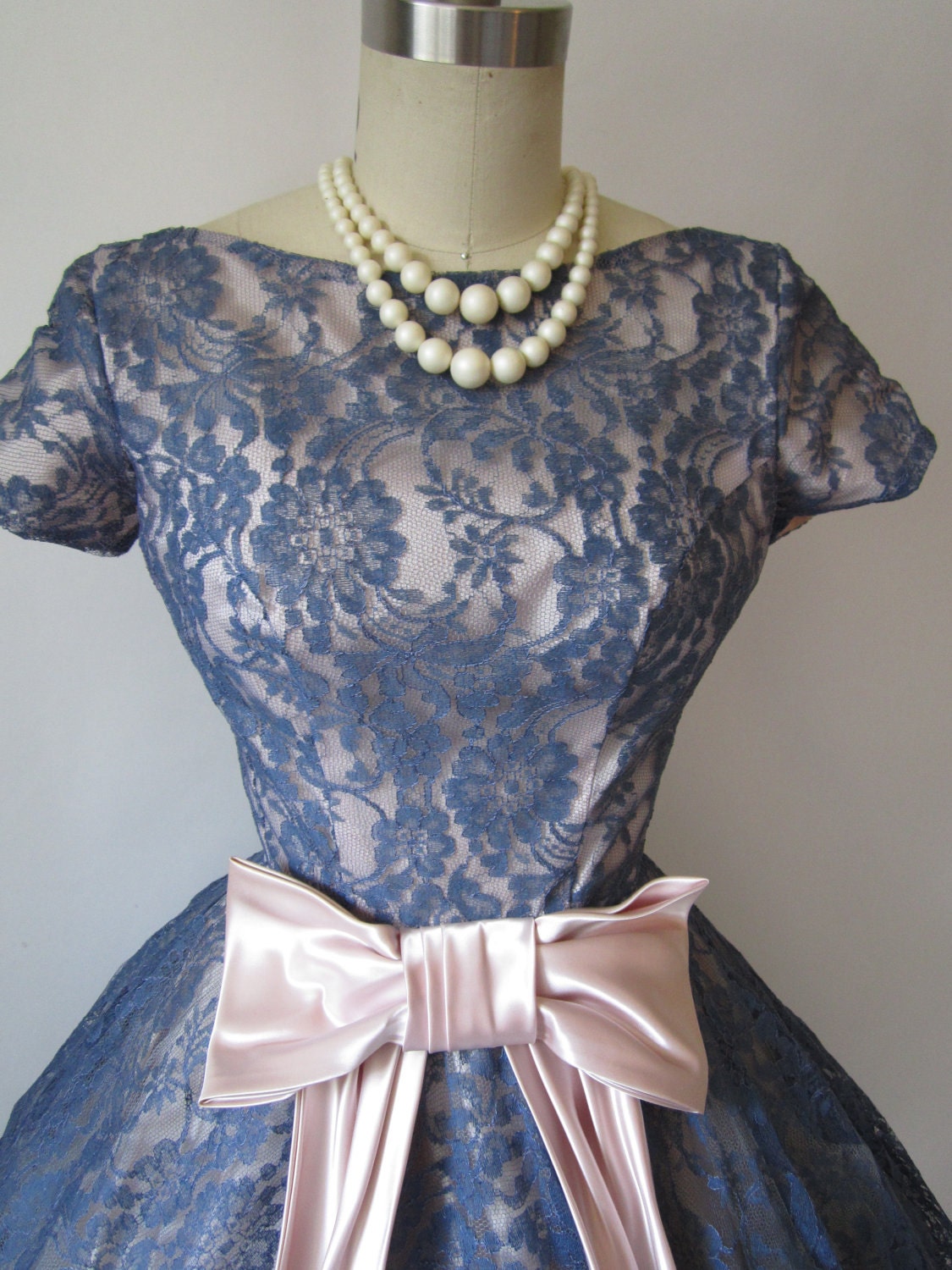 1950's Stormy Blue Lace Illusion Cocktail Party Prom Wedding Dress XS