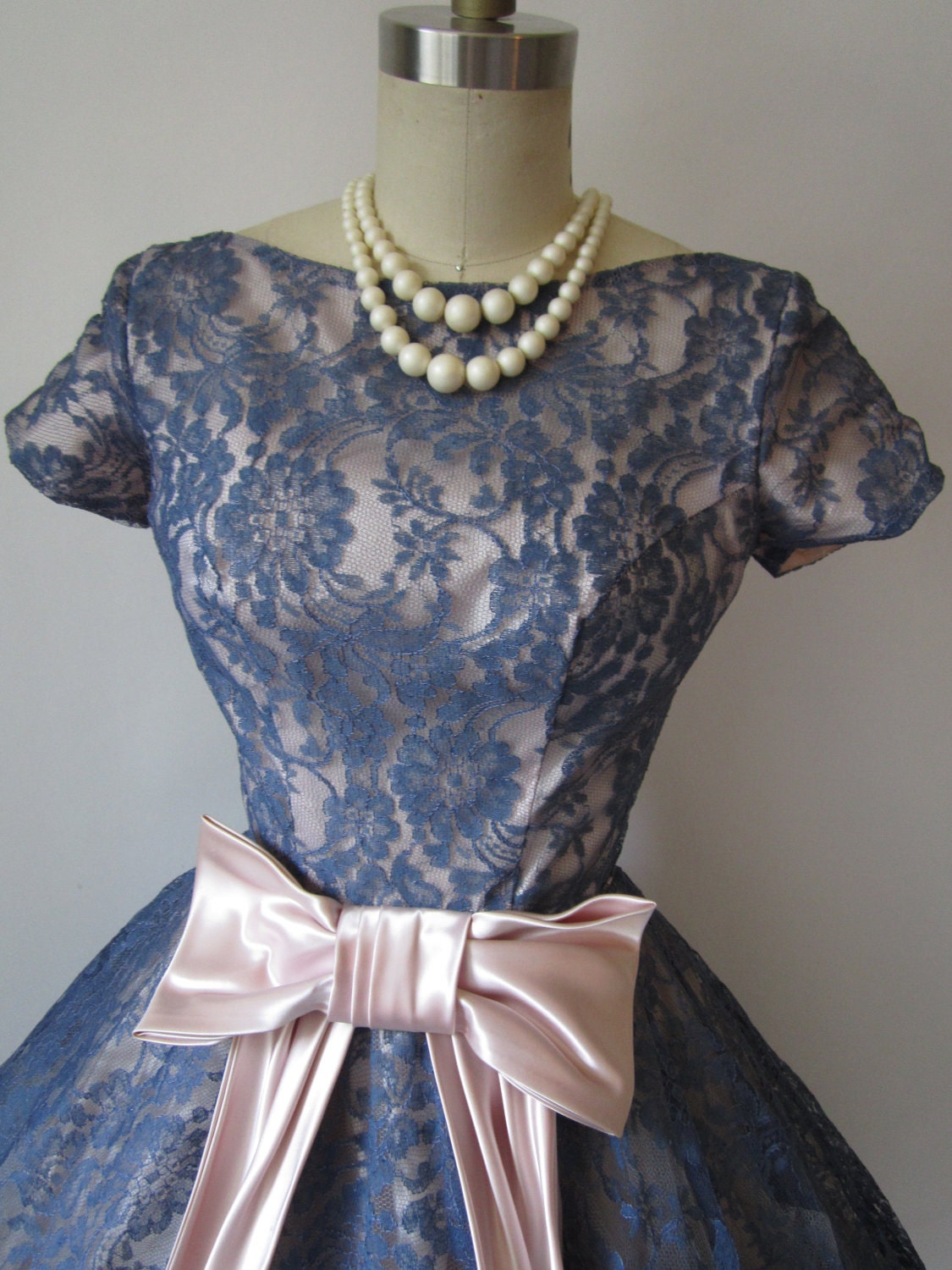 1950's Stormy Blue Lace Illusion Cocktail Party Prom Wedding Dress XS