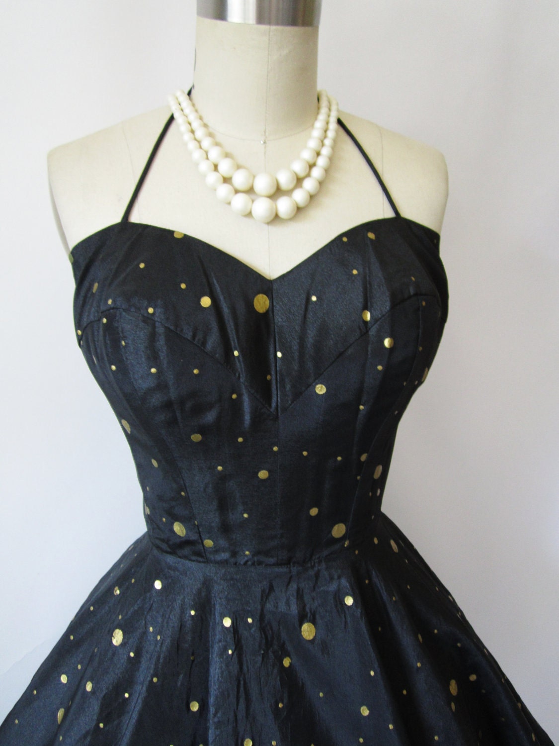 1950's Polkadot Halter Black Gold Strapless Organza Cocktail Party Mad Men Circle Sun Dress S M